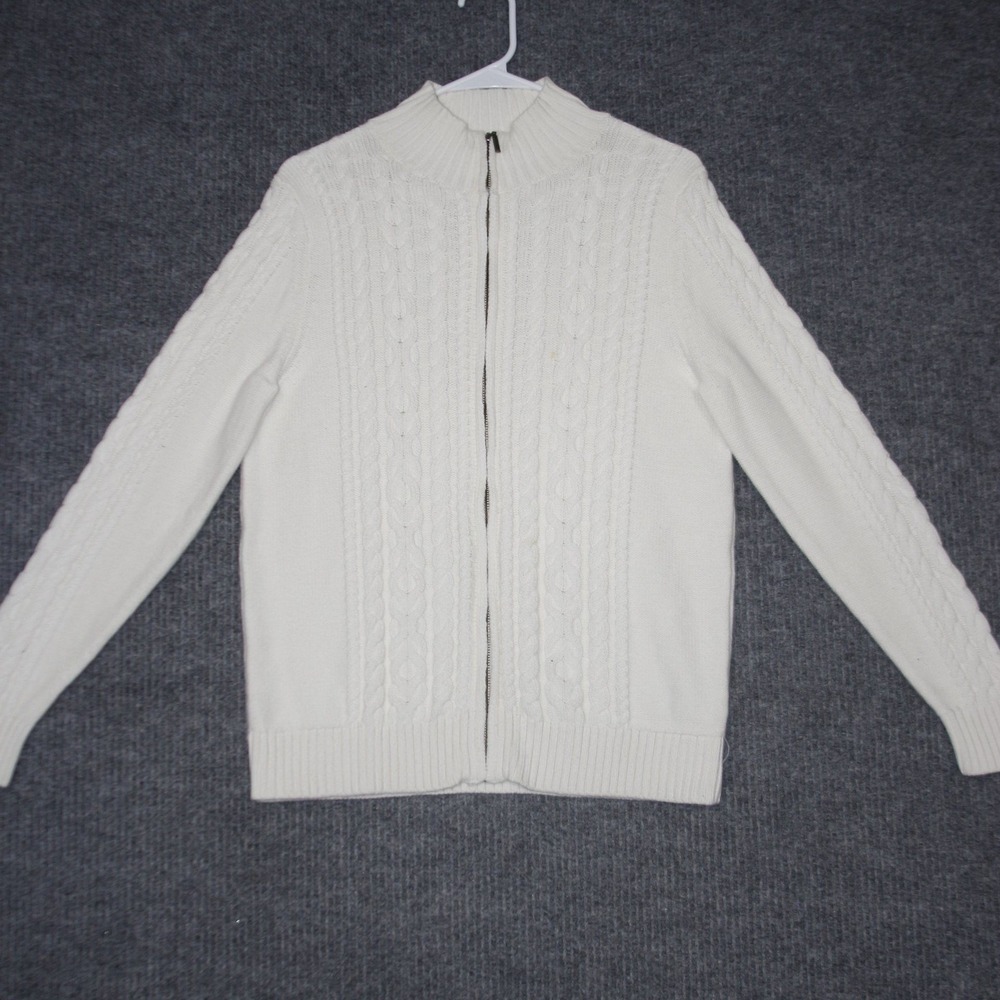 LL Bean Full Zip Sweater Womens L White Good Cable Knit Cotton Cardigan
